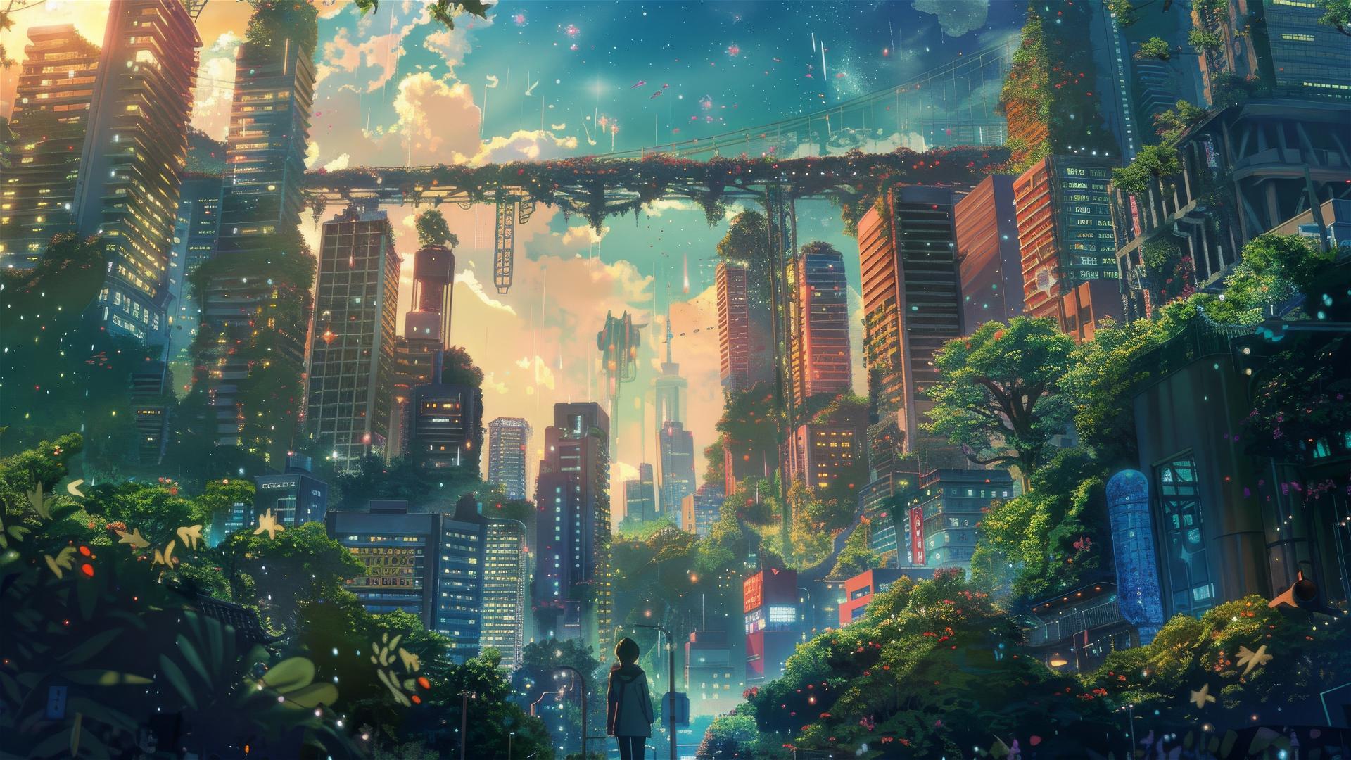 Anime cityscape with Ghibli magic, skyscrapers, hanging gardens, mystical creatures at golden hour