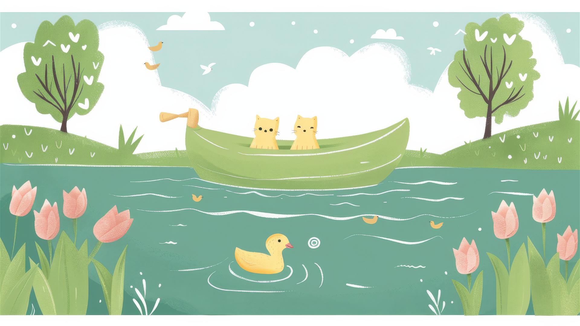 Cartoon animals in a lake with trees and tulips, pastel colors, Ghibli style.