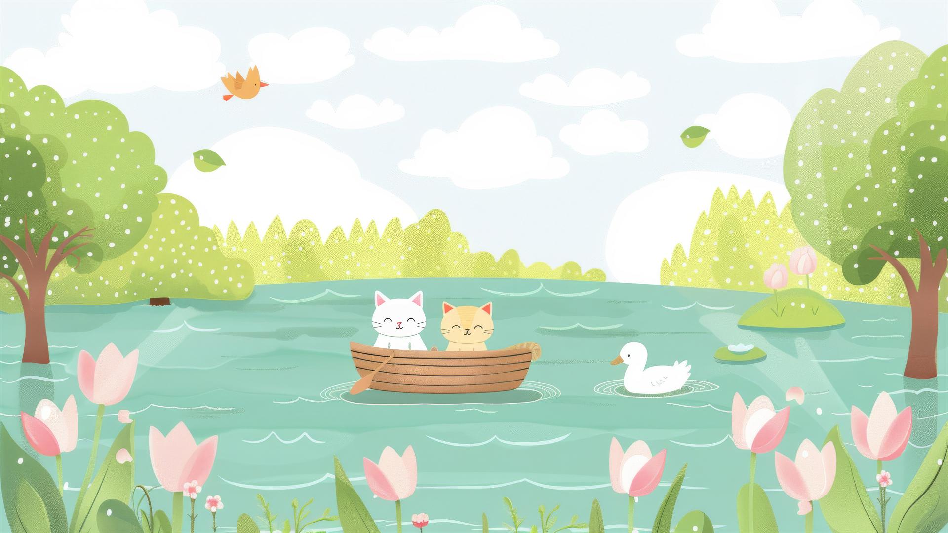 Cartoon animals in a lake with cats rowing a boat and a duck swimming by