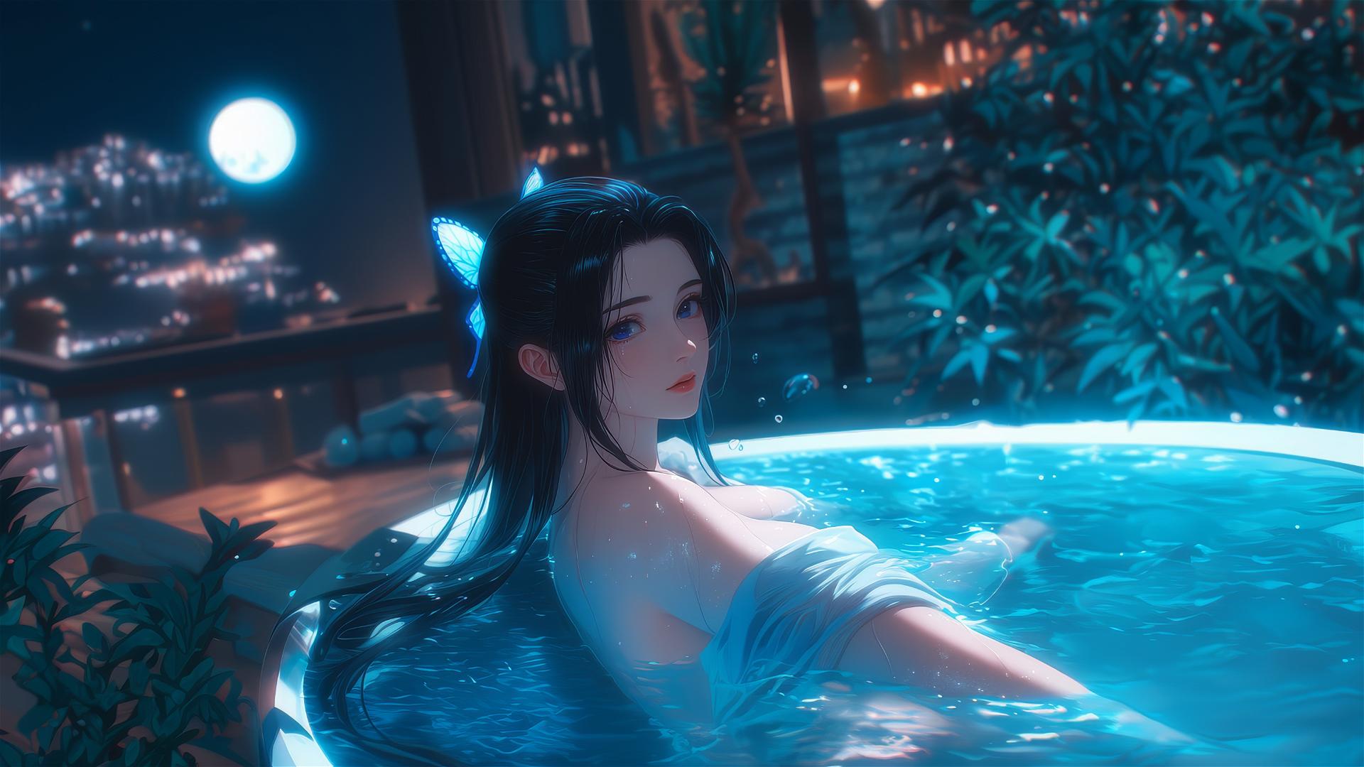 Shinobu Kocho from Demon Slayer resting in a tub under moonlight.