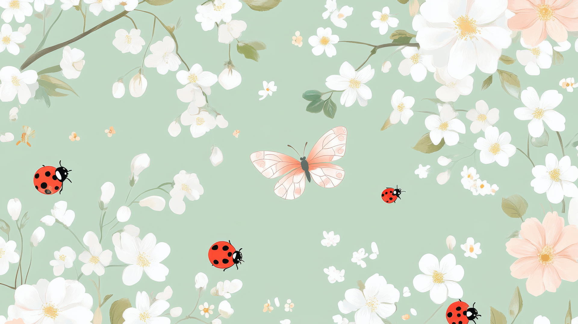 preppy spring wallpaper with cherry blossoms, daisies, ladybugs, and butterflies on pastel mint green