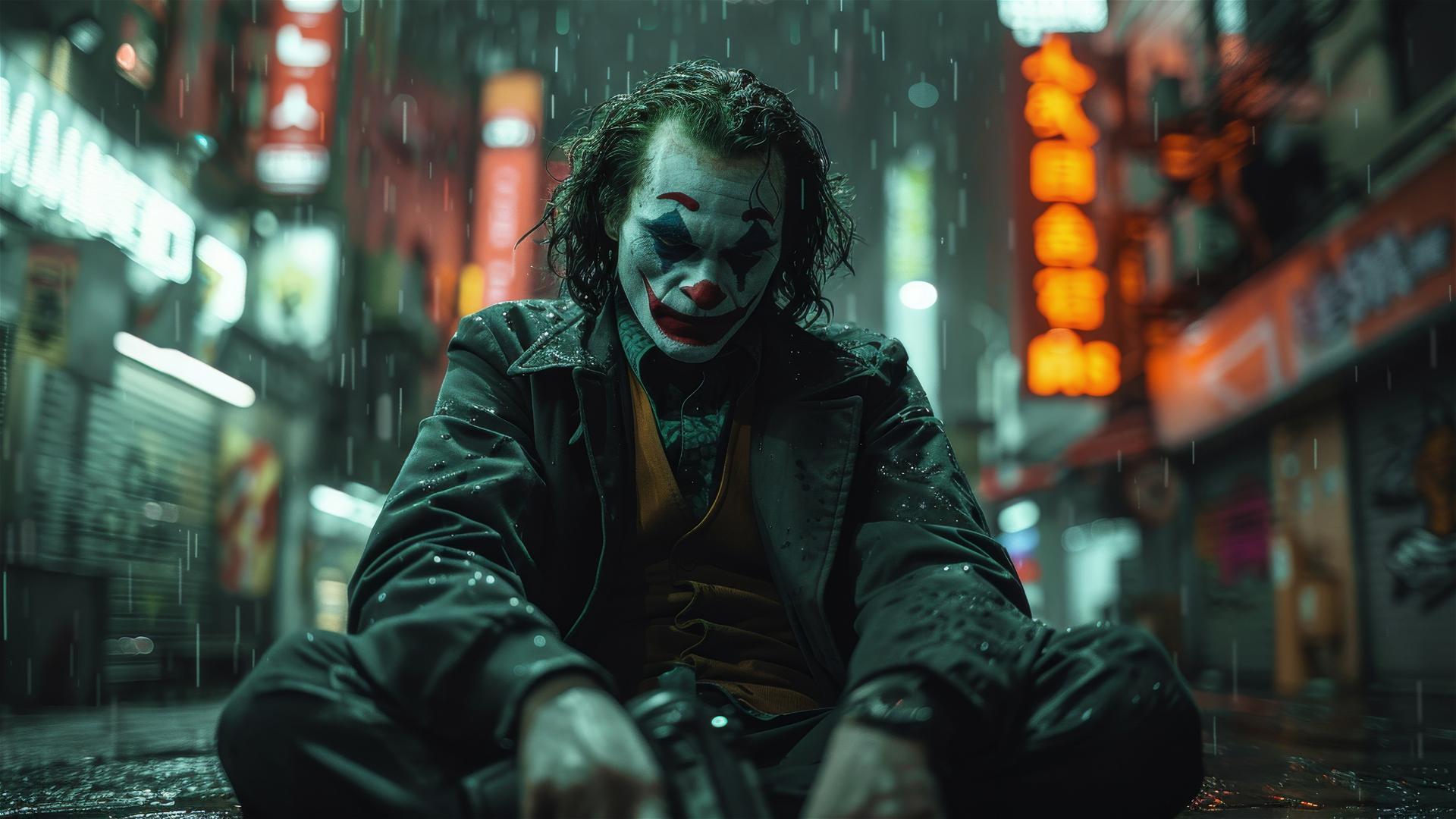The Joker in Nike attire robbing a Gotham bank with a joker gun.