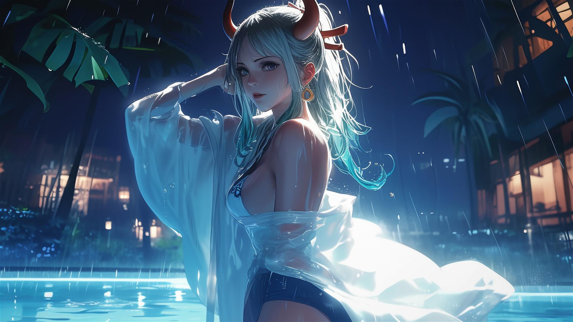 Yamato from One Piece standing in a rainy pool under moonlight, dressed in white