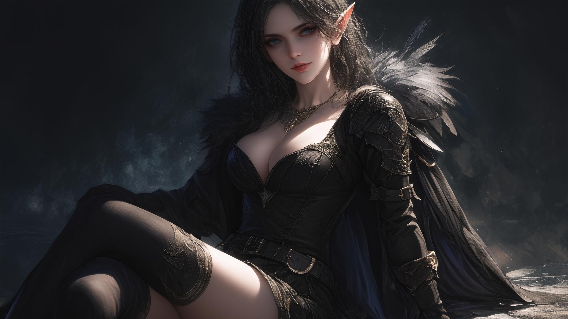 Fantasy Elf girl in dynamic pose with spotlight effect on dark background