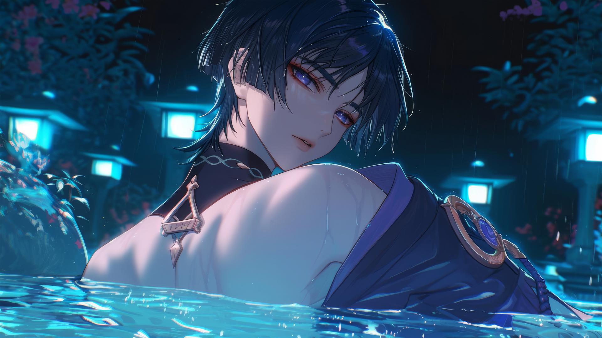 Scaramouche from Genshin Impact with indigo hair and eyes, resting in a rainy pool under moonlight