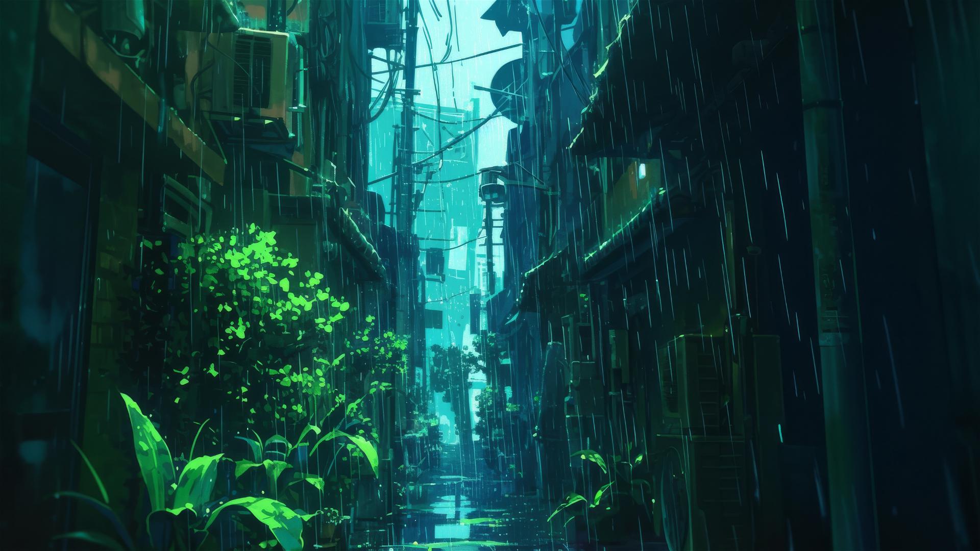 Ghibli-style anime alley with rain and hidden tales of magic.