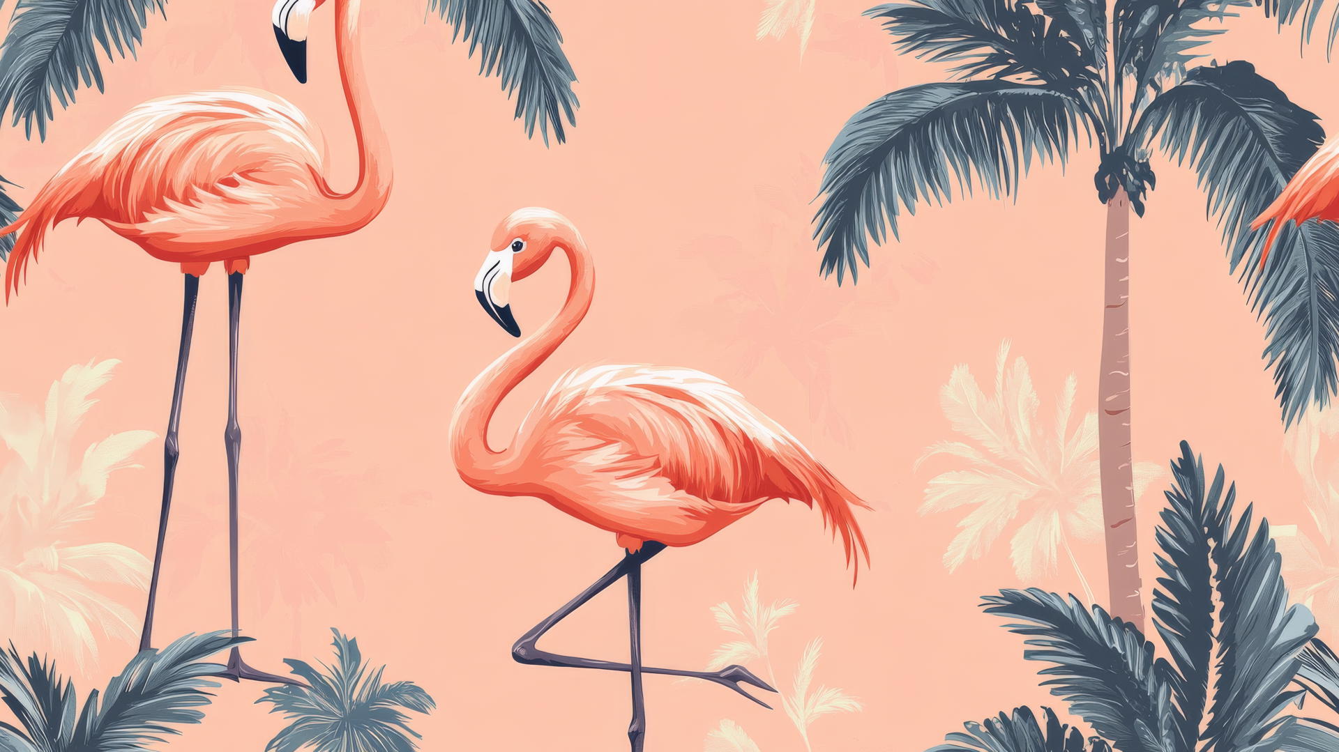 Preppy summer wallpaper with cute cartoon flamingos and palm trees on pastel coral background.