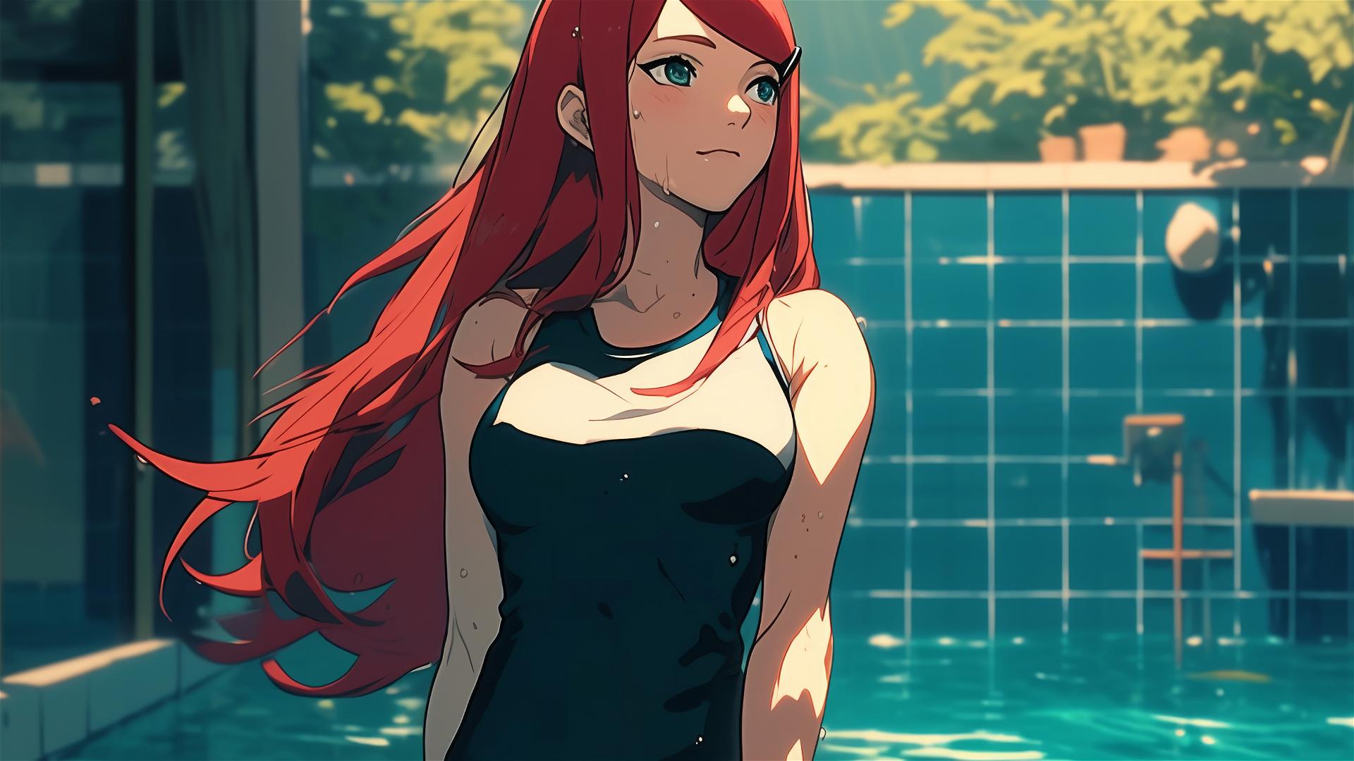 Kushina Uzumaki from Naruto Shippuden standing in a pool under moonlight