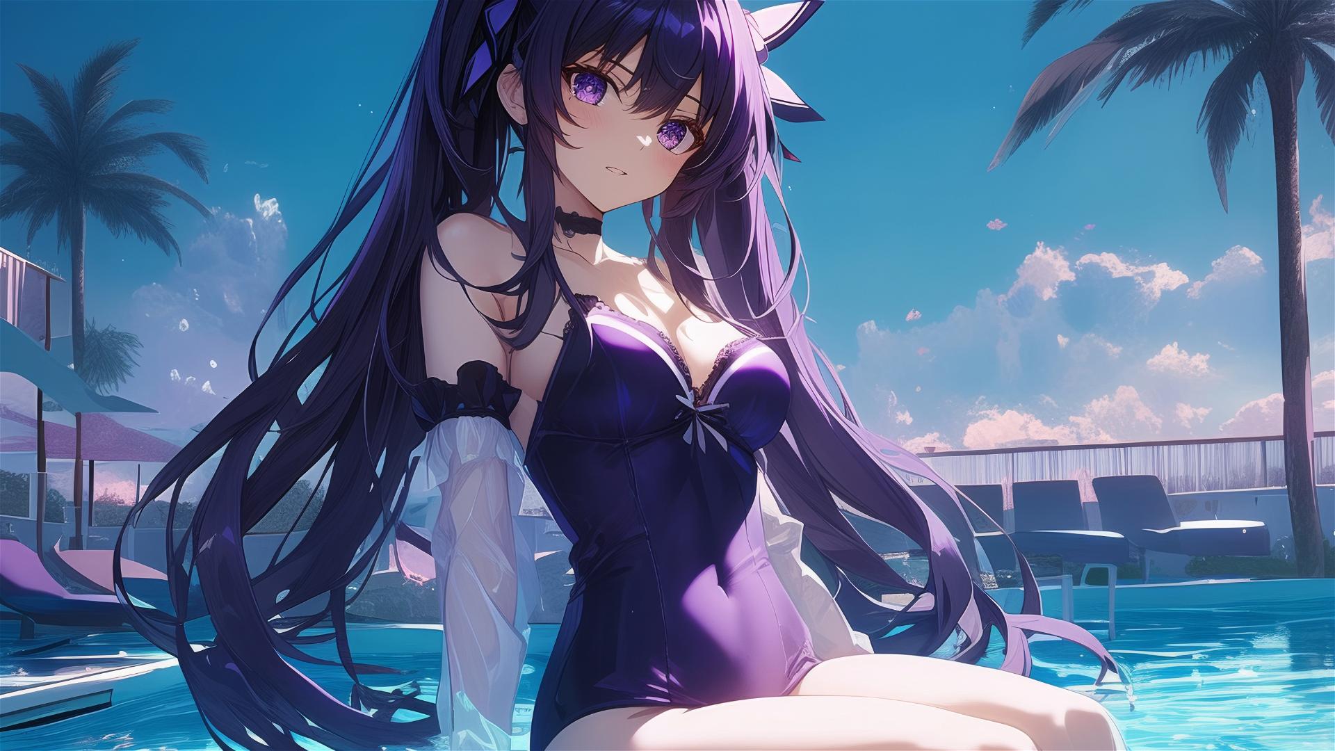 Tohka Yatogami in pool under moonlight, dark-purple hair and eyes