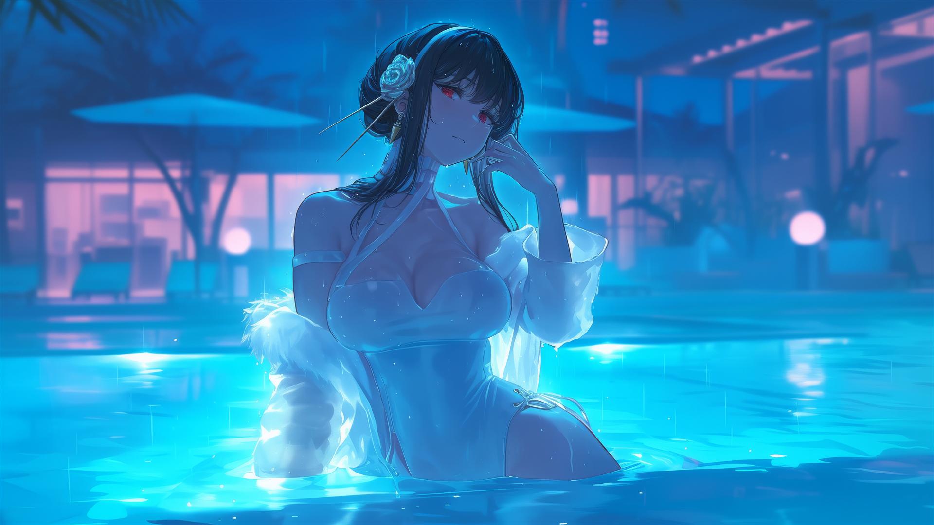 Yor Forger in bunny girl outfit standing in pool under moonlight with rain