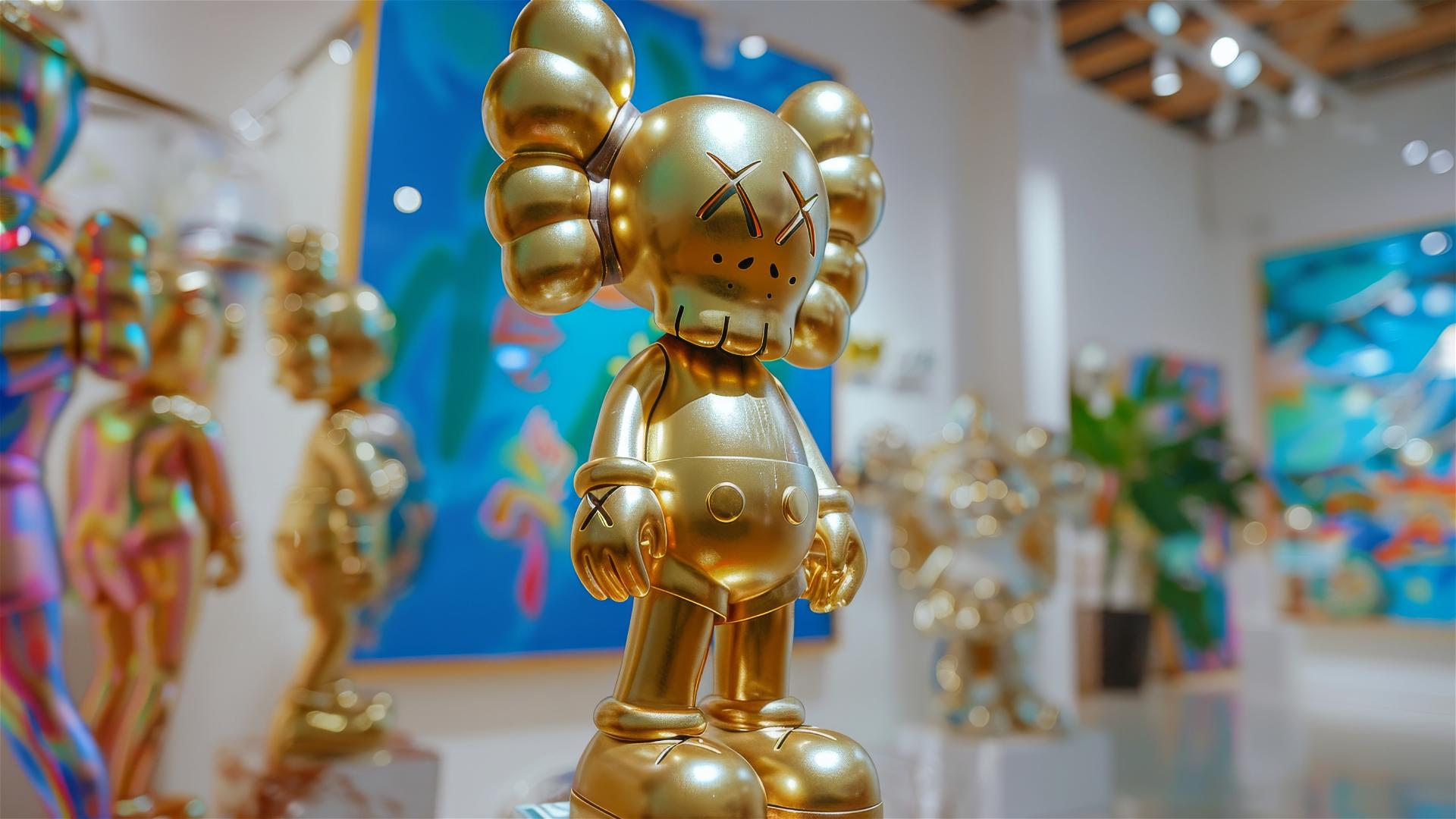 Alien gladiator with blowfish head in vibrant pastel colors in white gallery
