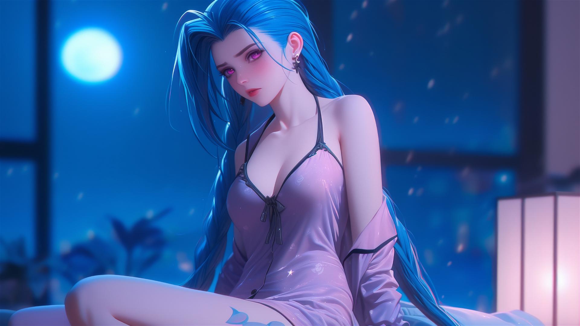 Jinx from League of Legends in moonlit apartment, pink eyes, blue hair, silk pajamas.
