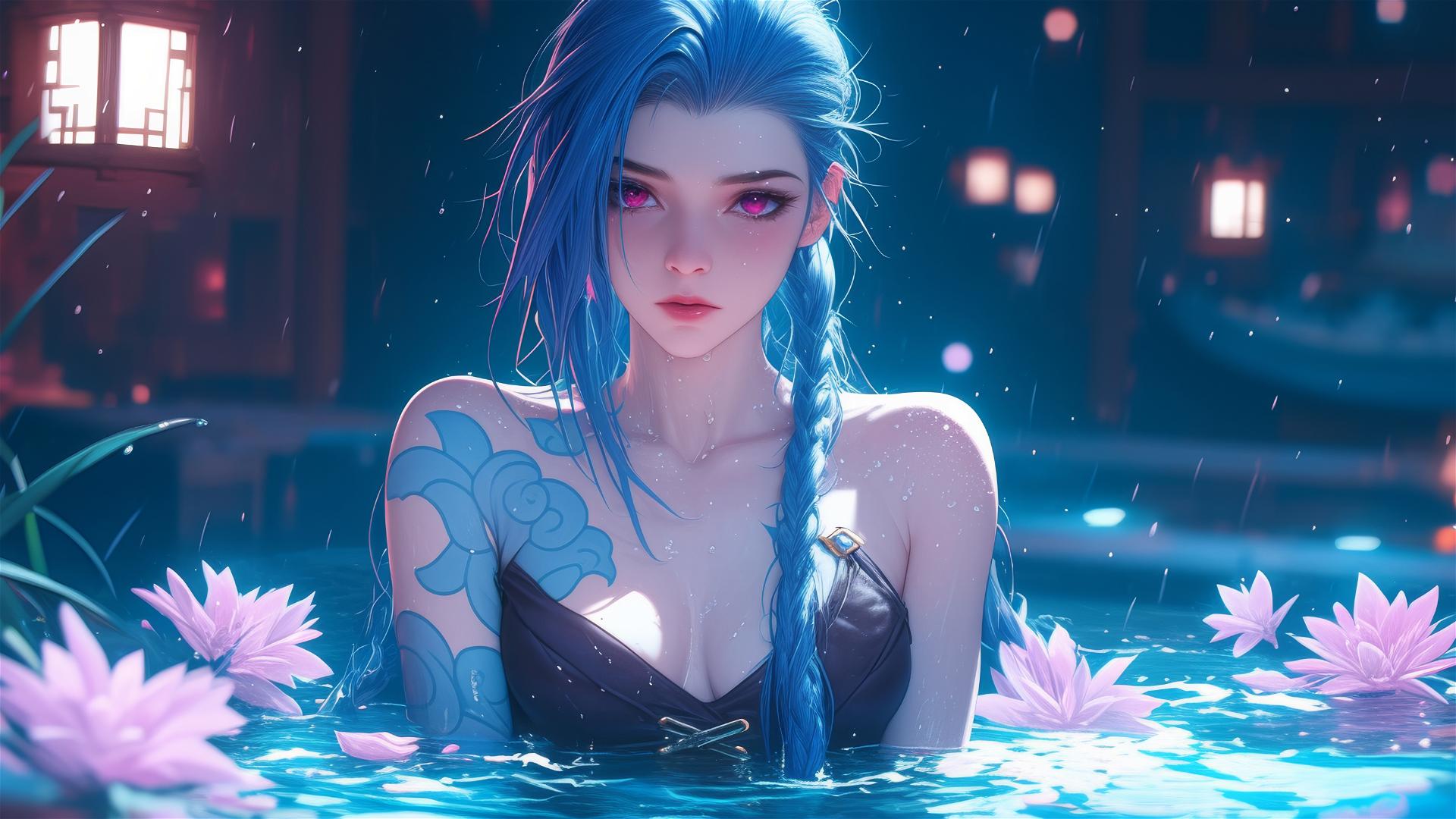 Jinx from League of Legends in a flower-filled tub at a Chinese spa
