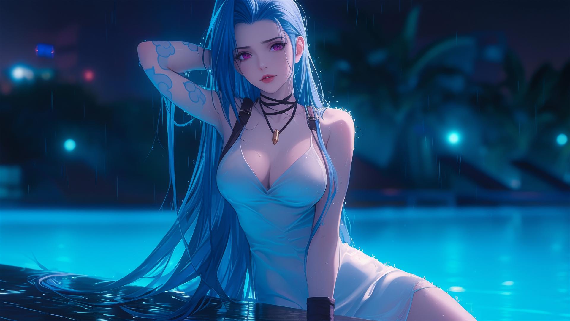 Jinx from League of Legends at rainy pool, moonlight glow, pink eyes, white dress, blue hair