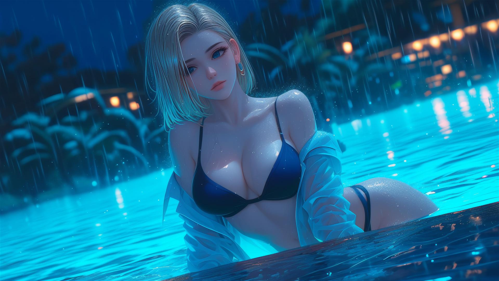 Android 18 from Dragon Ball resting by a rainy pool illuminated by moonlight
