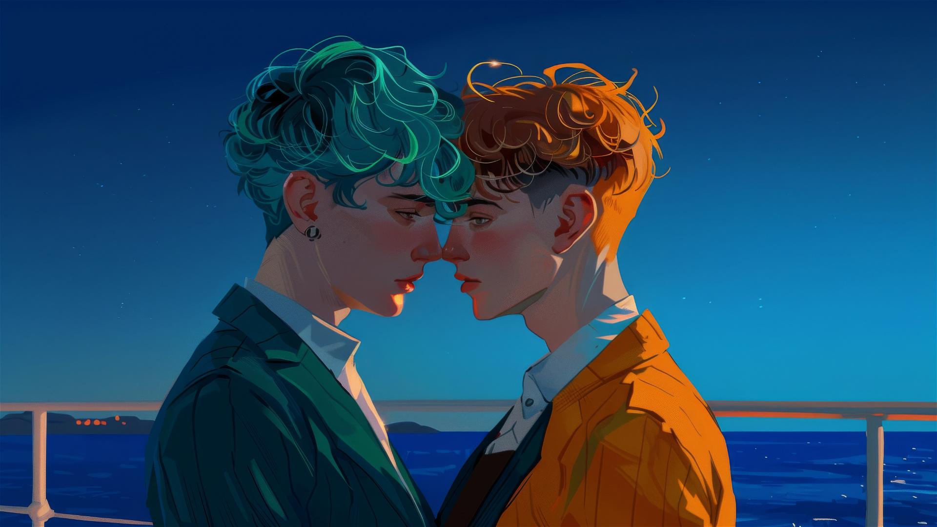 Close-up of two teenage boys almost kissing on a cruise deck with ocean backdrop