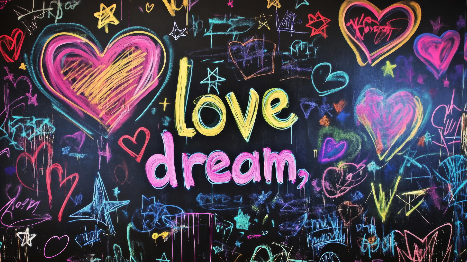 Black wallpaper for girls with neon-colored graffiti including hearts, stars, and words like love and dream.
