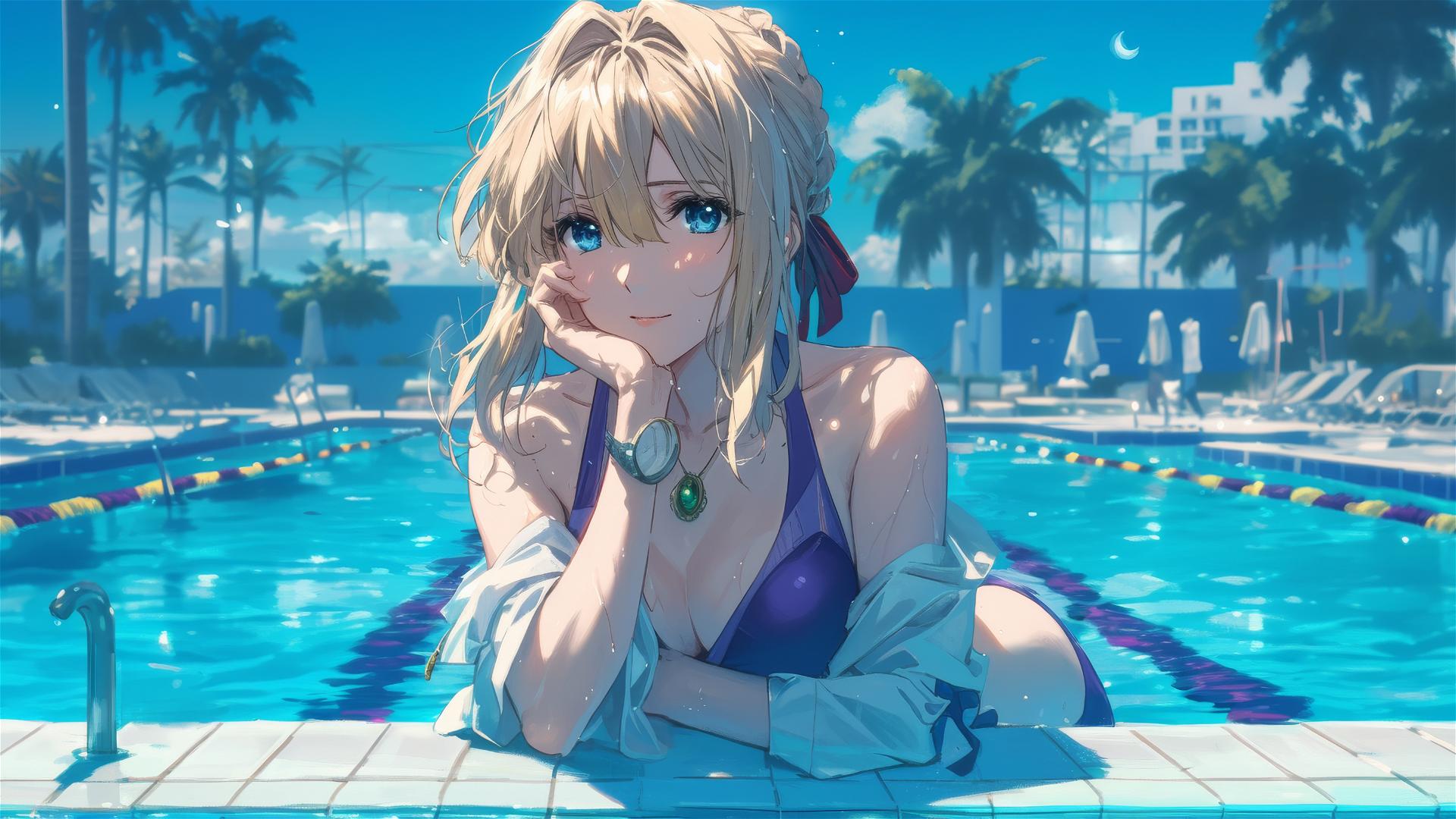 Violet Evergarden resting by the pool under moonlight