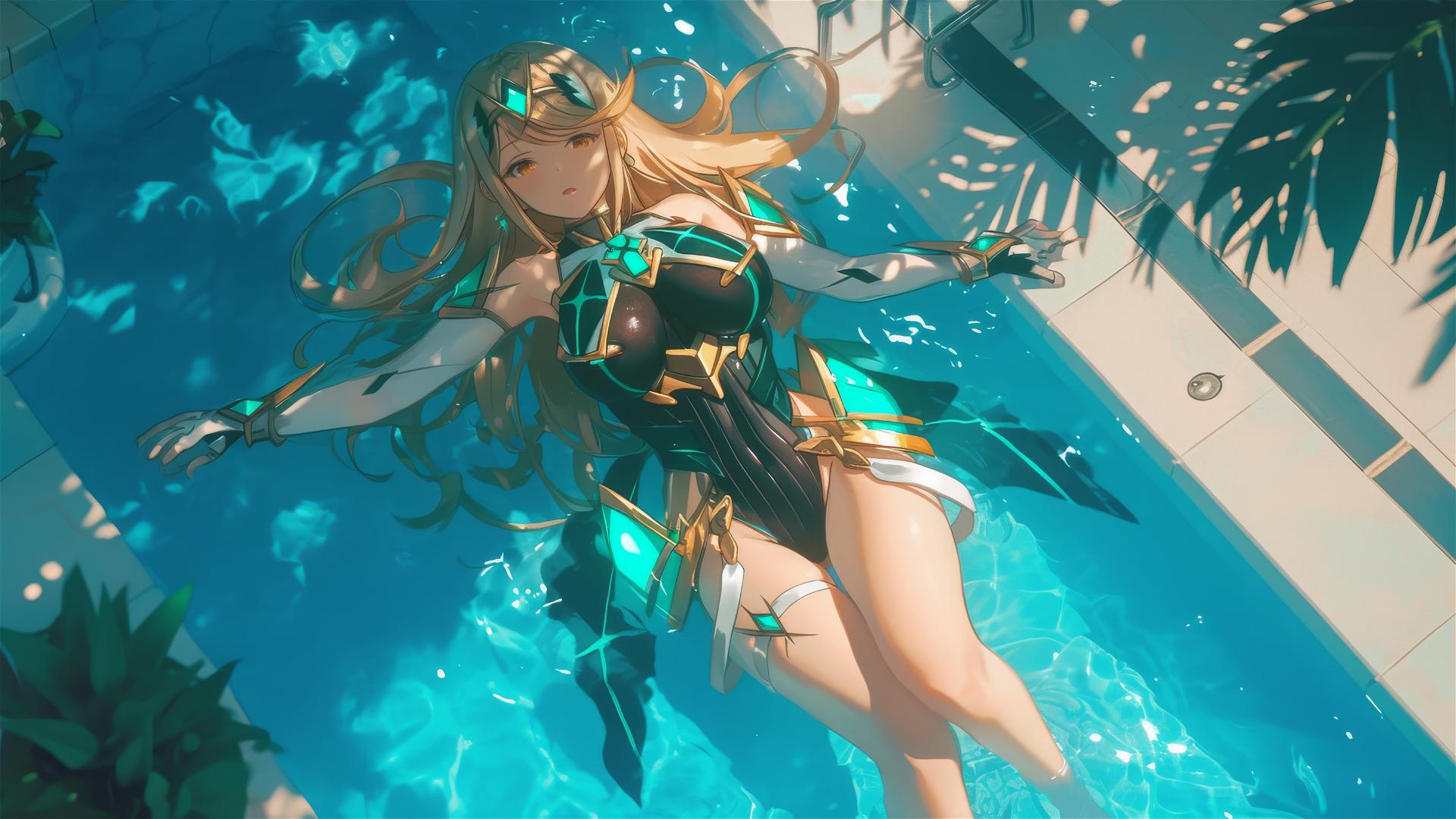 Mythra from Xenoblade Chronicles by poolside in moonlight