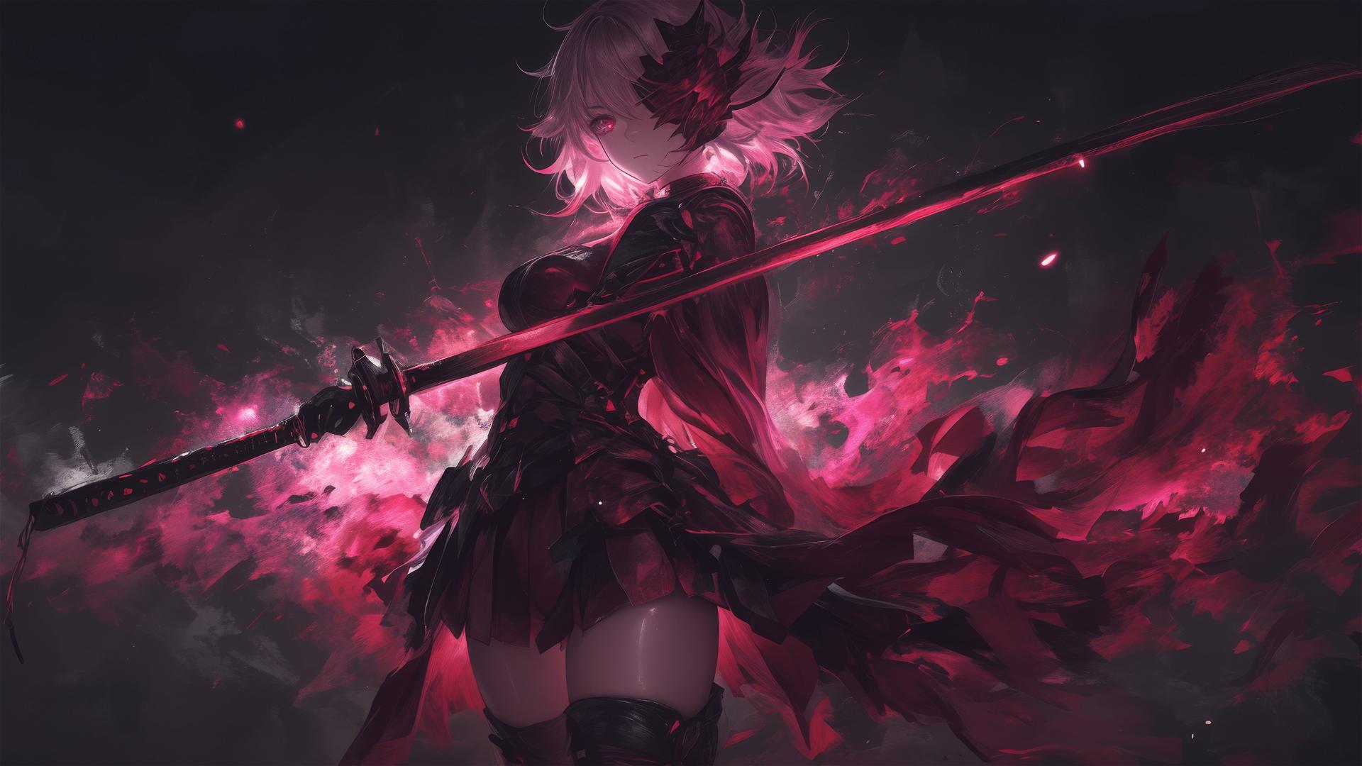 Demon girl with mask and focus on thighs in spotlight on dark background