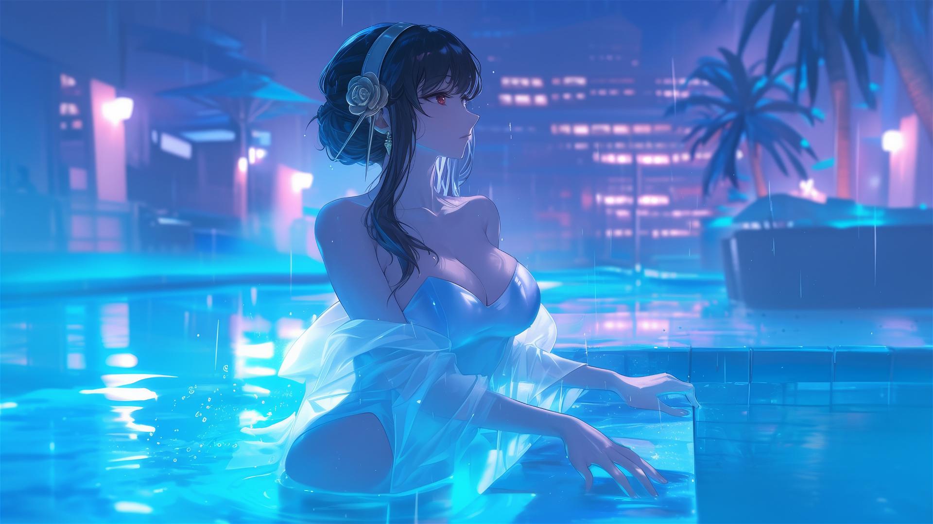 Yor Forger as a bunny girl in a pool under moonlight on a rainy day.