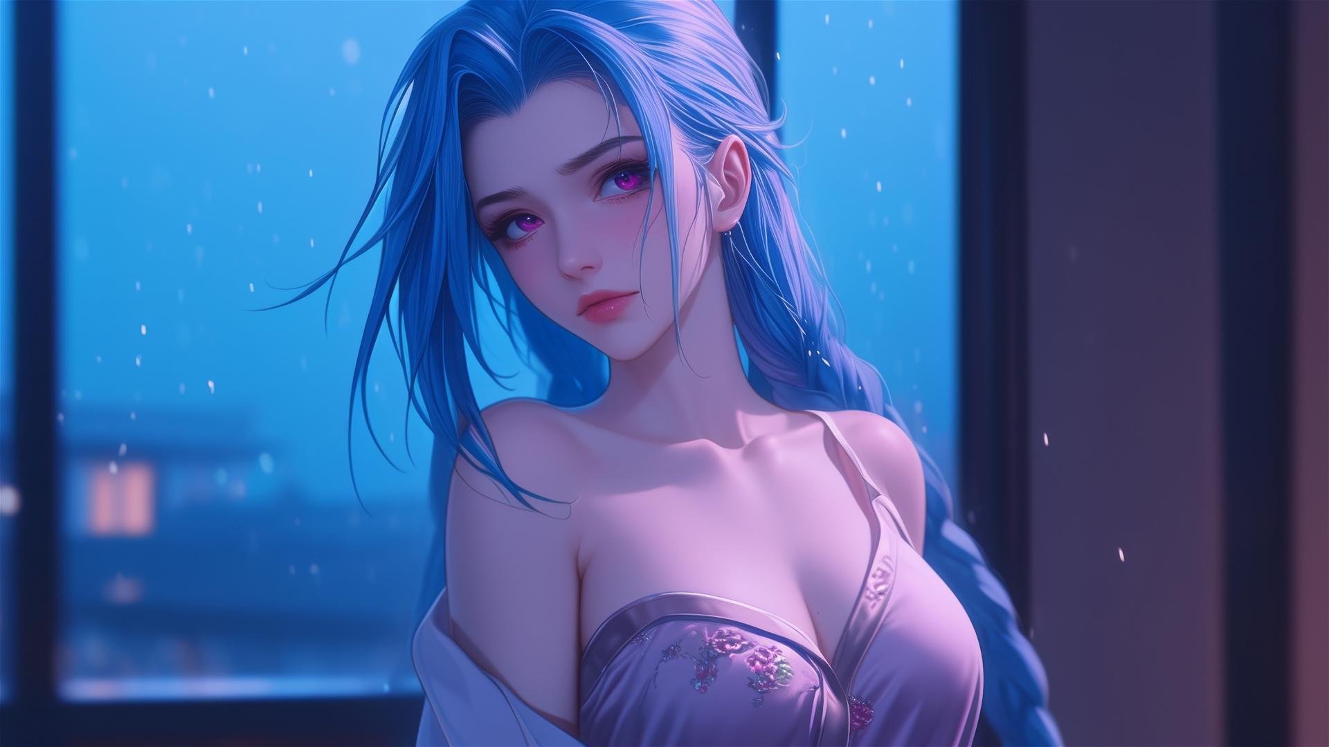 Jinx from League of Legends in silk pajamas with pink eyes and blue hair, illuminated by moonlight