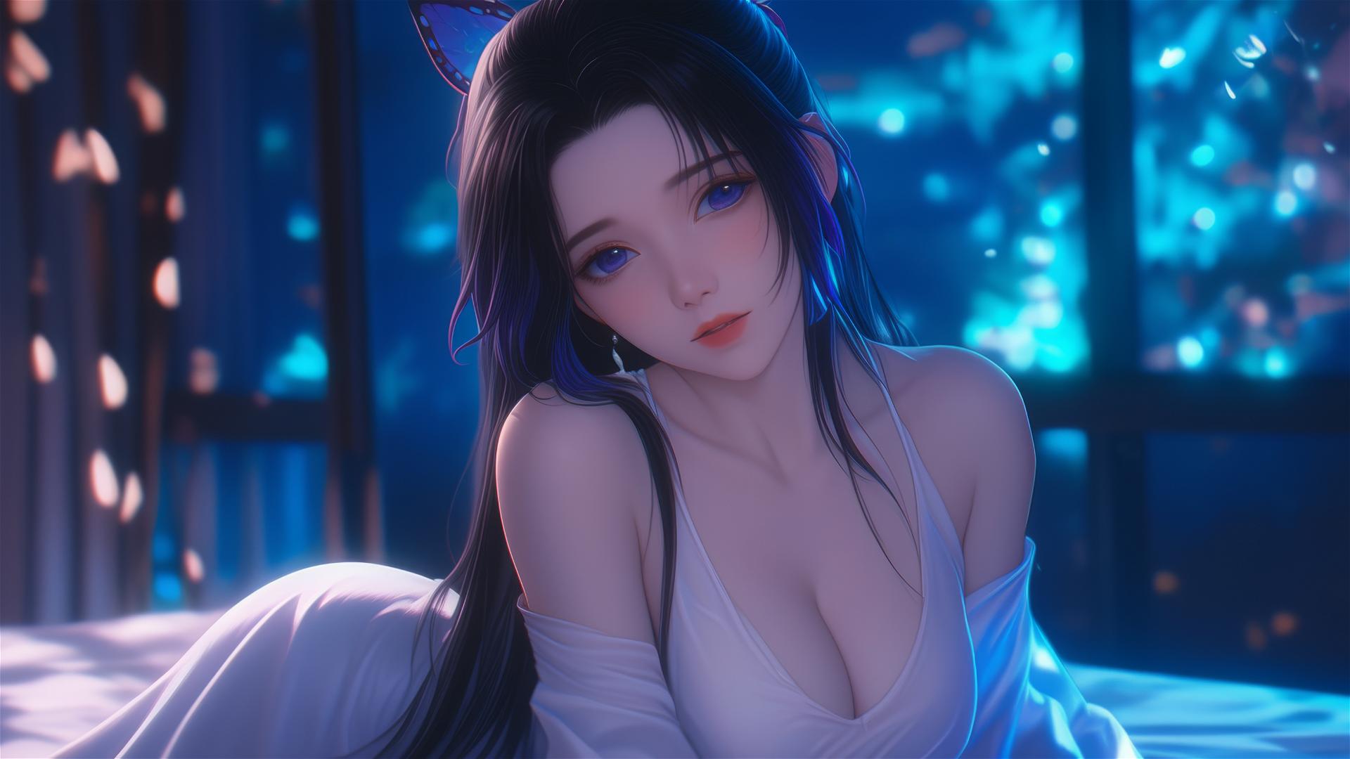 Shinobu Kocho resting in modern hotel room with neon lights