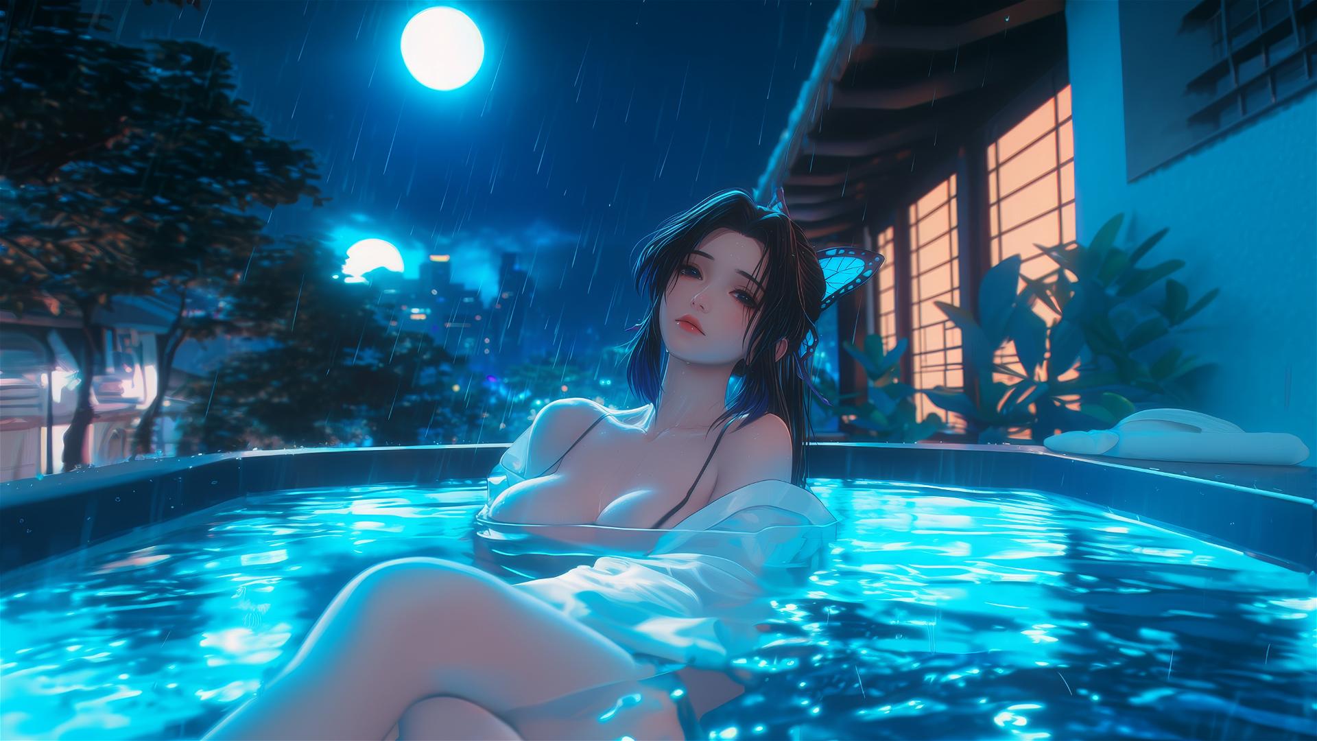 Shinobu Kocho resting in a tub with moonlight casting a soft glow