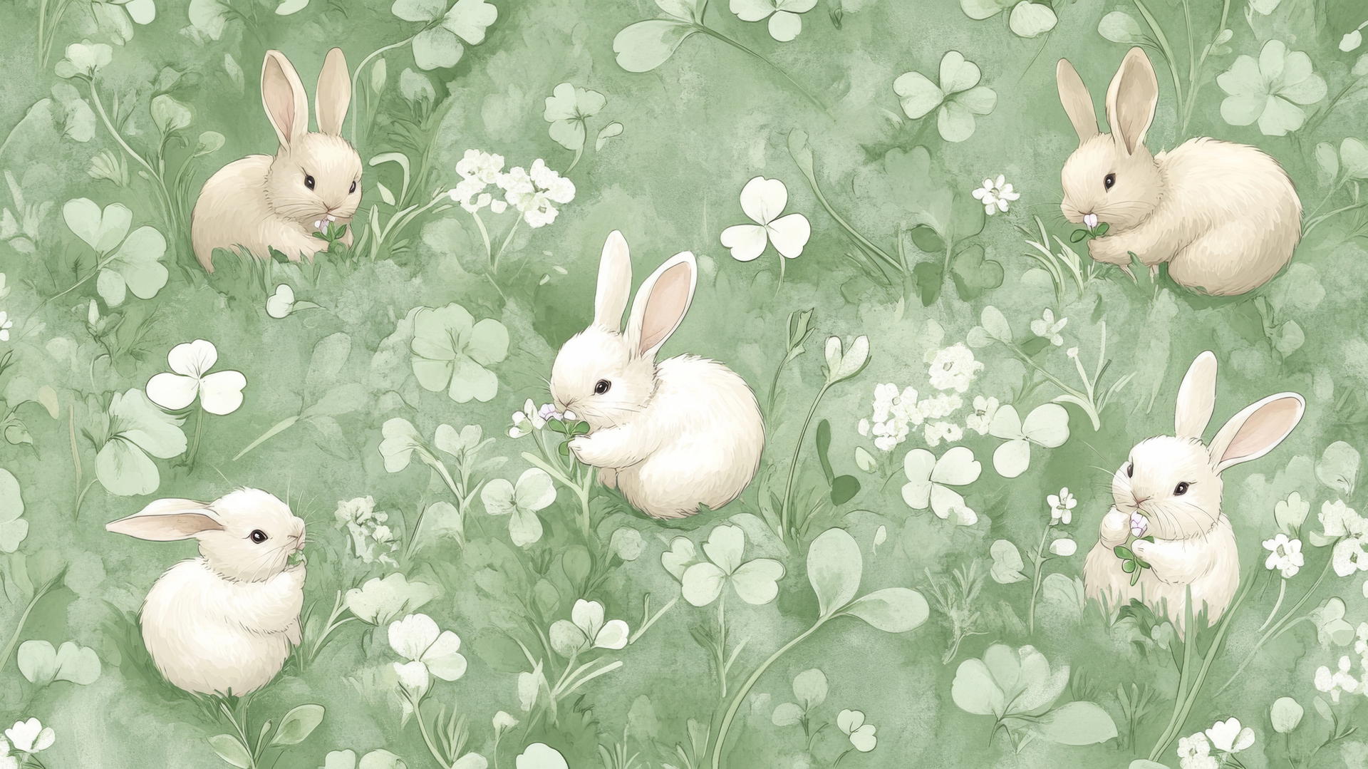 Cute green wallpaper with chubby bunnies and clovers.