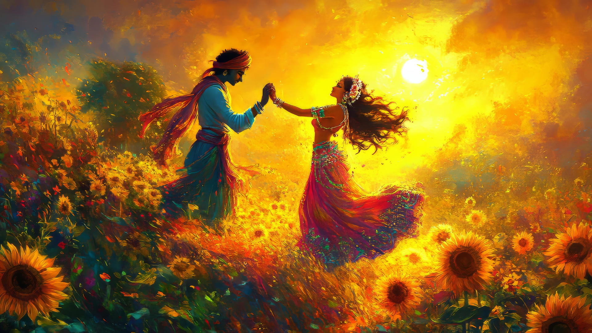 Radha Krishna nature wallpaper with vibrant colors and sunflowers