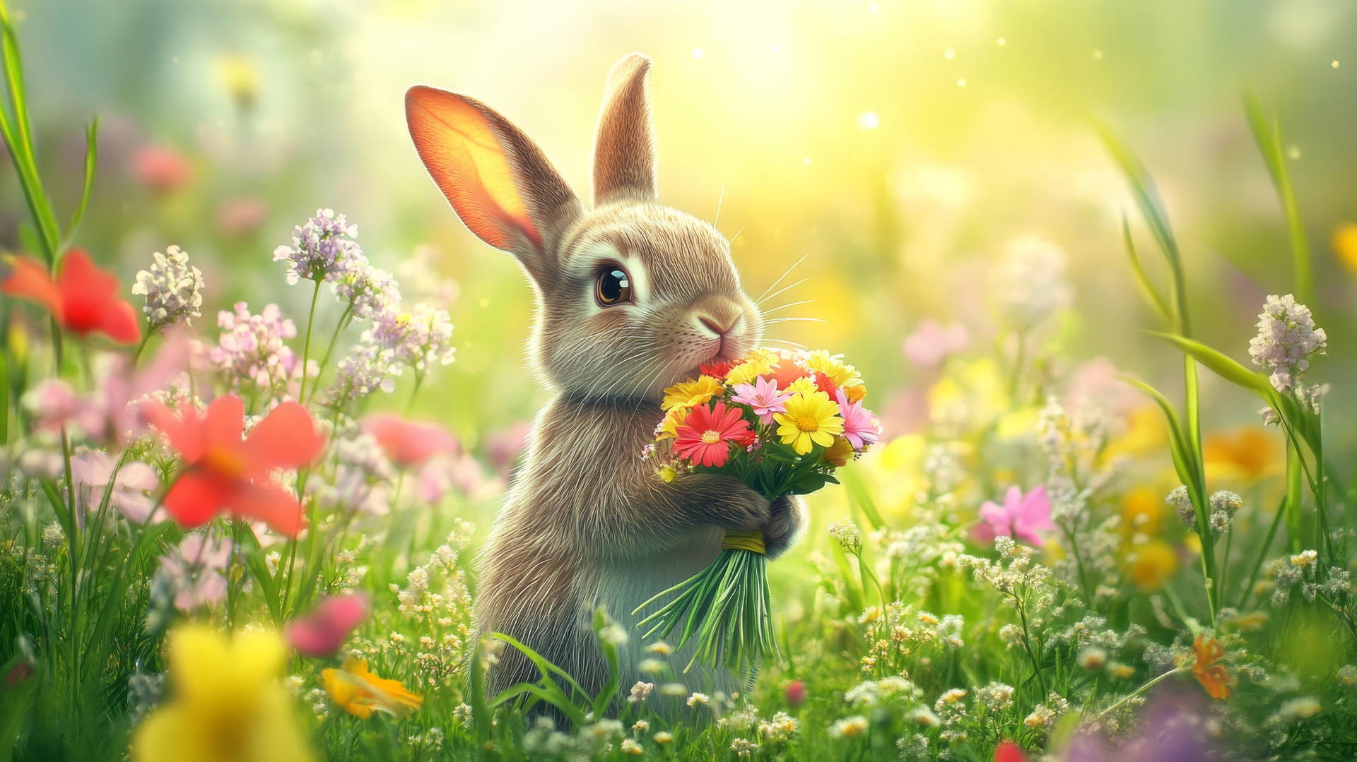 cute spring wallpaper with bunny holding flowers in a colorful meadow