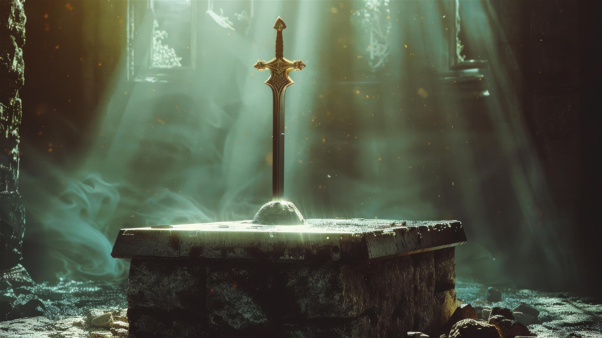 Double-edged sword on altar with faint glow and cinematic lighting.