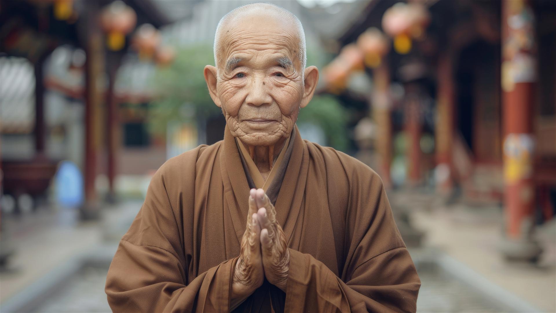 Elderly Chinese monk with folded hands in temple courtyard