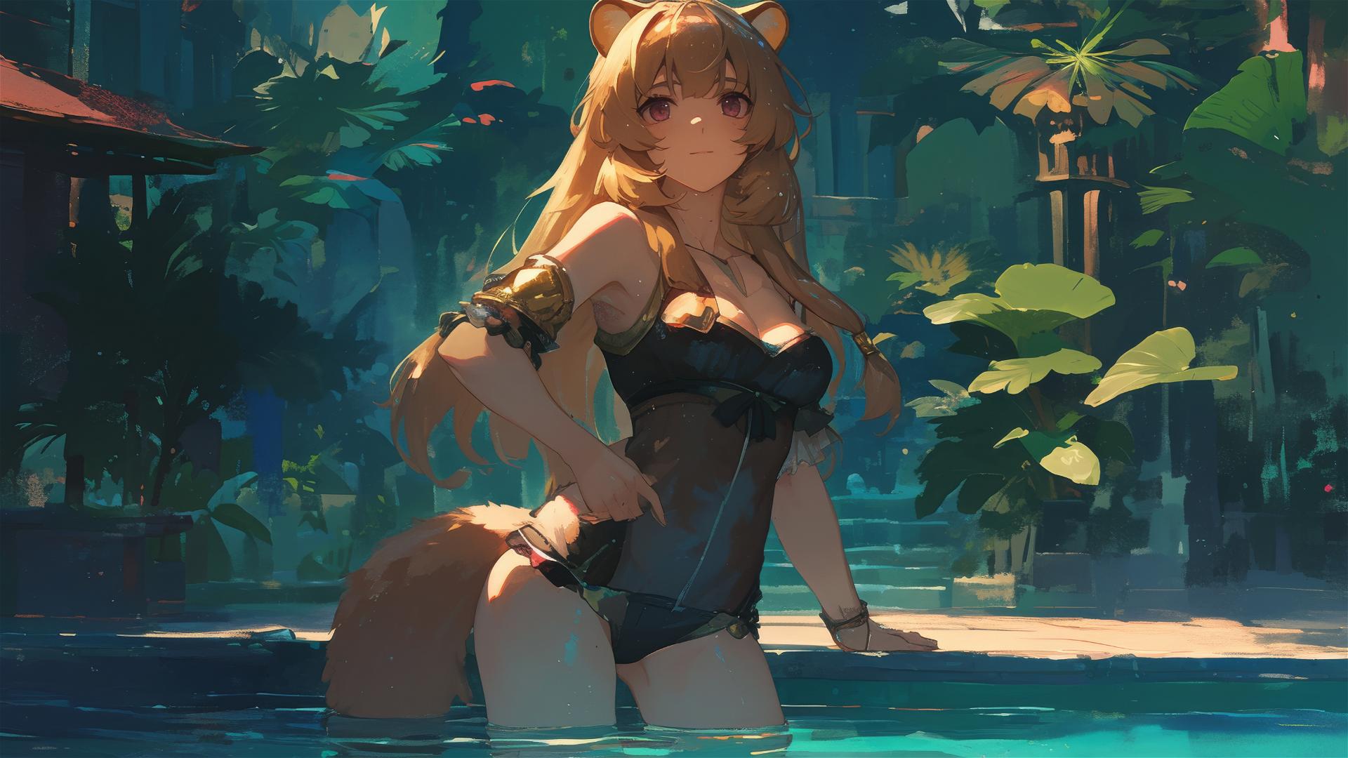 Raphtalia stands in a pool under moonlight, exuding a tranquil ambiance.