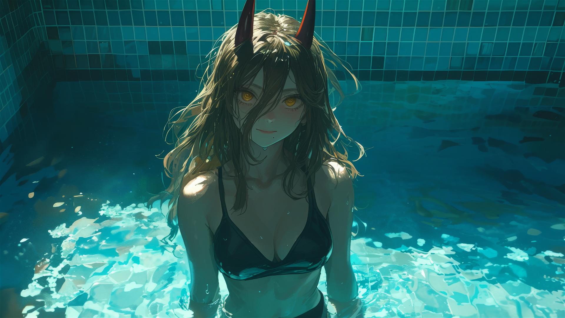 Power from Chainsaw Man standing in pool with moon glow, yellow eyes