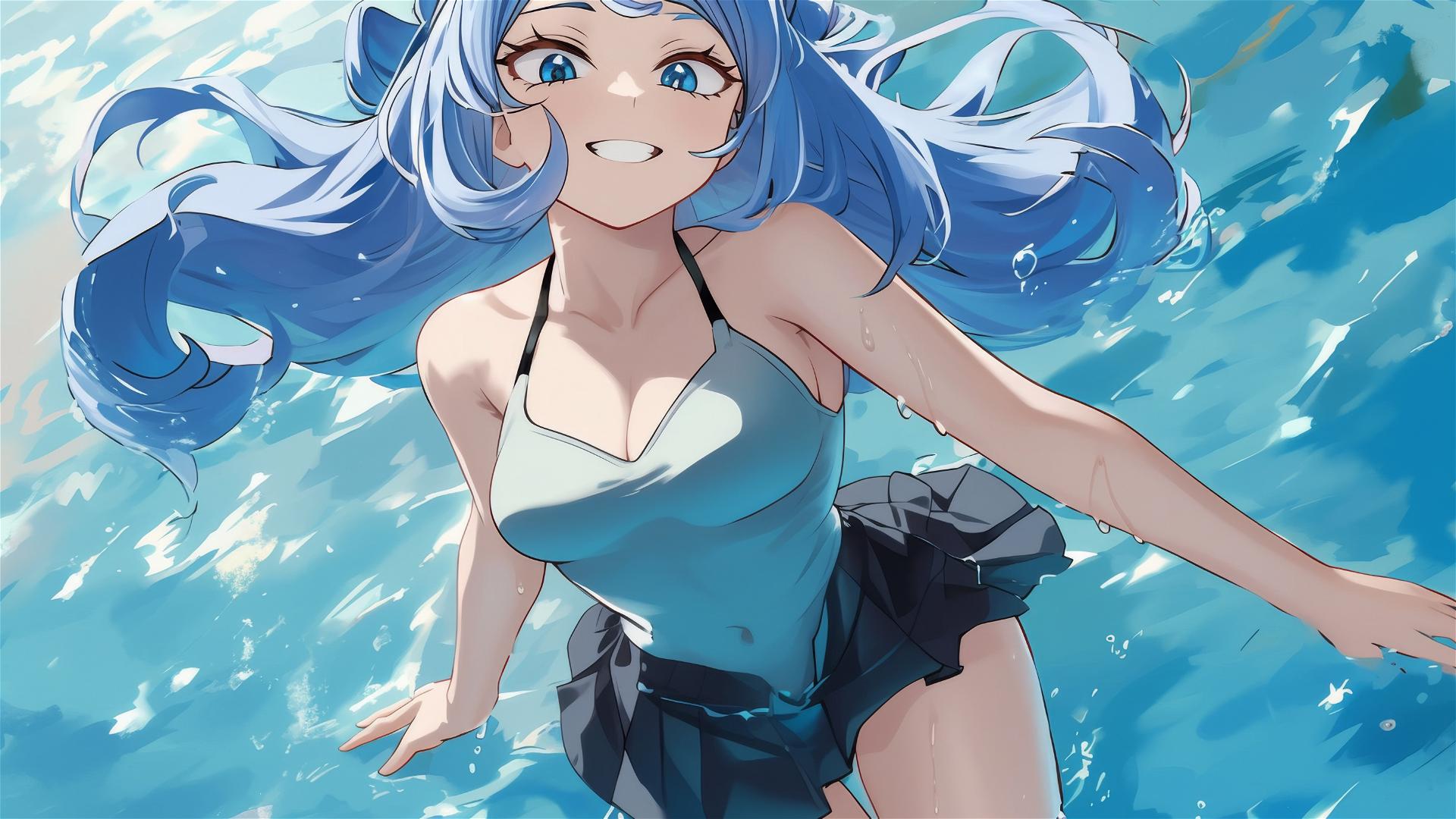 Nejire Hadou from My Hero Academia swims in moonlit pool with glowing blue eyes