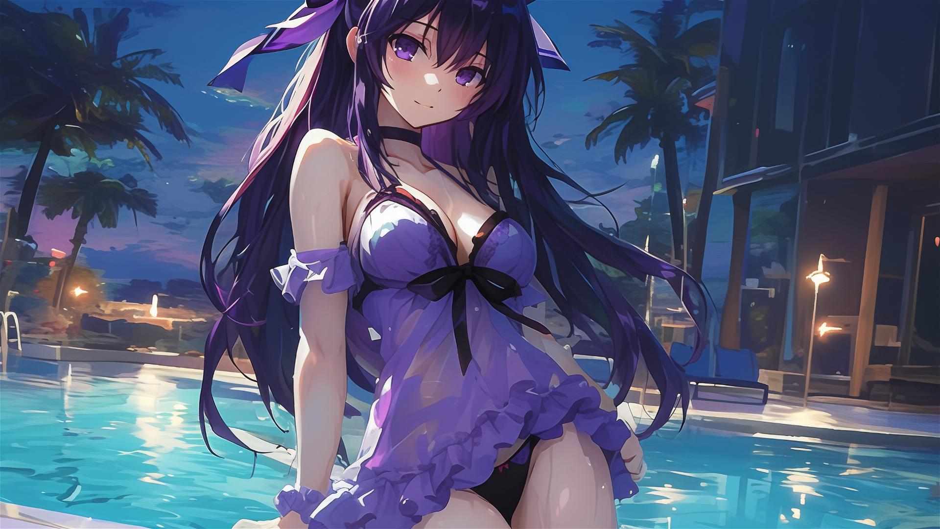Tohka Yatogami from Date A Live standing in a pool under moonlight, dark-purple hair and eyes