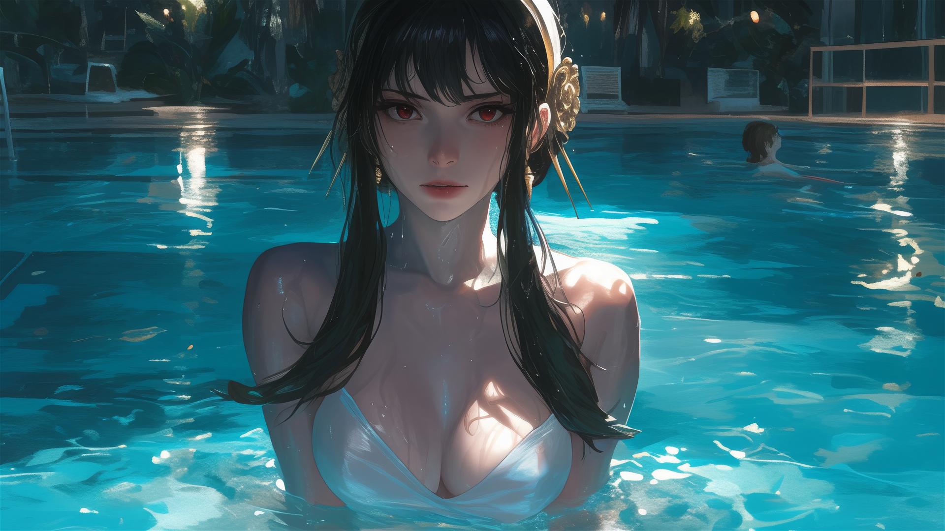 Yor Forger from Spy x Family as a bunny girl in a pool under moonlight on a rainy day, dressed in white