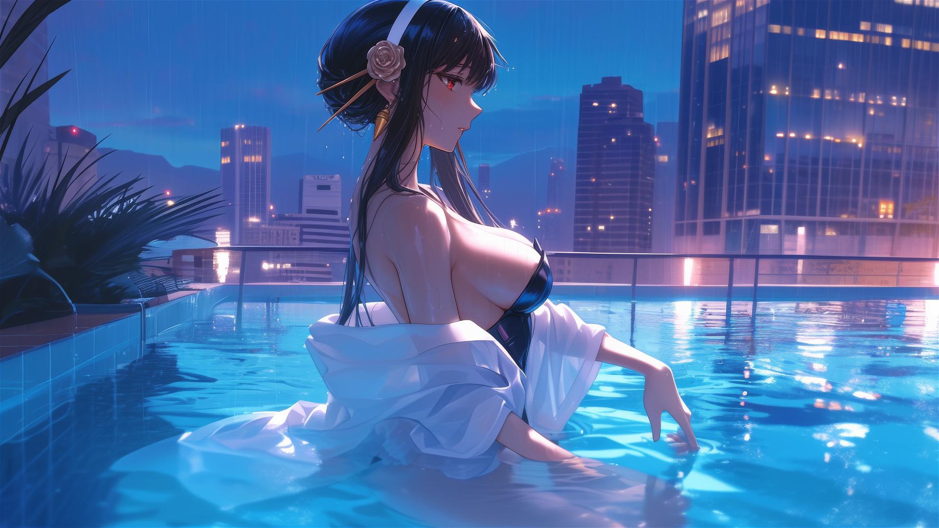 Yor Forger from Spy x Family in bunny girl style standing in a pool under moonlight on a rainy day.