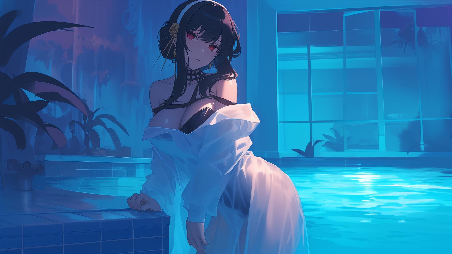Yor Forger as a bunny girl in a pool under moonlight, dressed in white on a rainy day