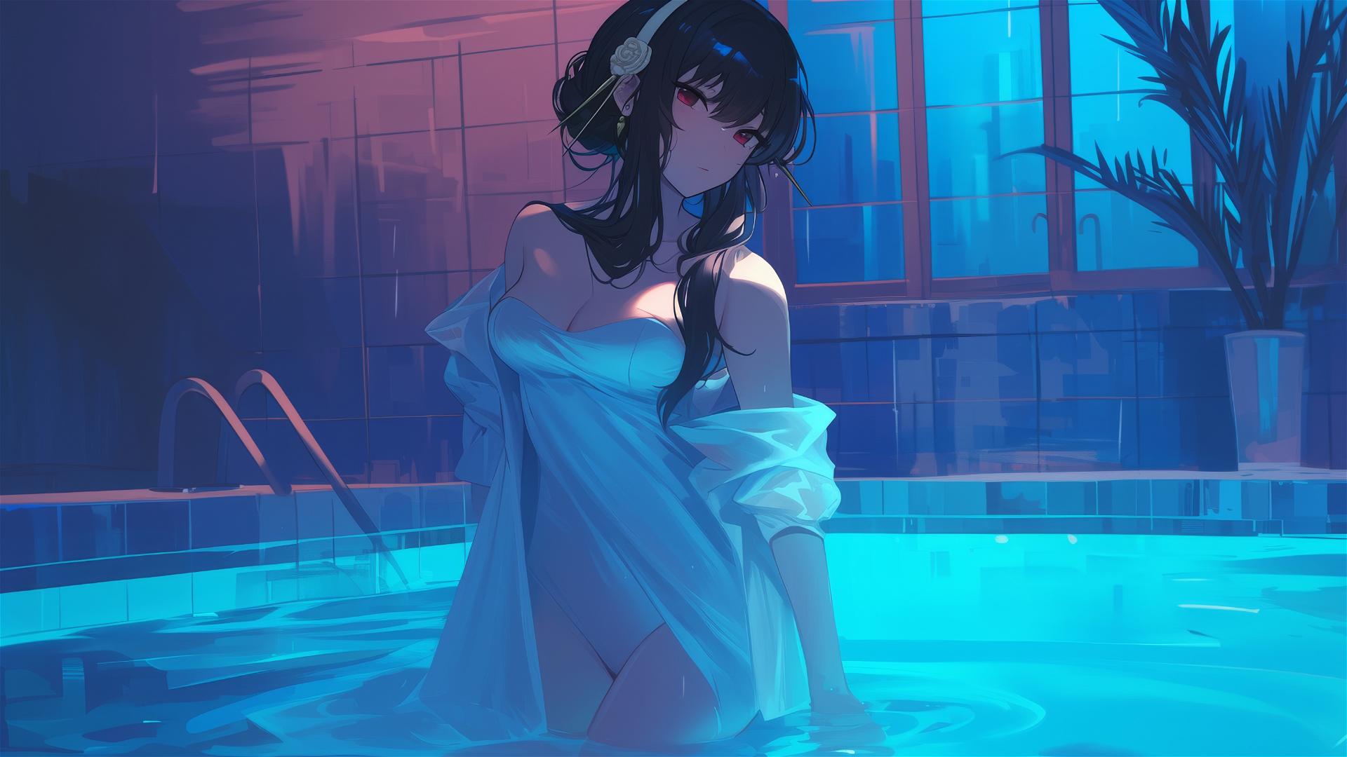 Yor Forger from Spy x Family in bunny costume in pool under moonlight