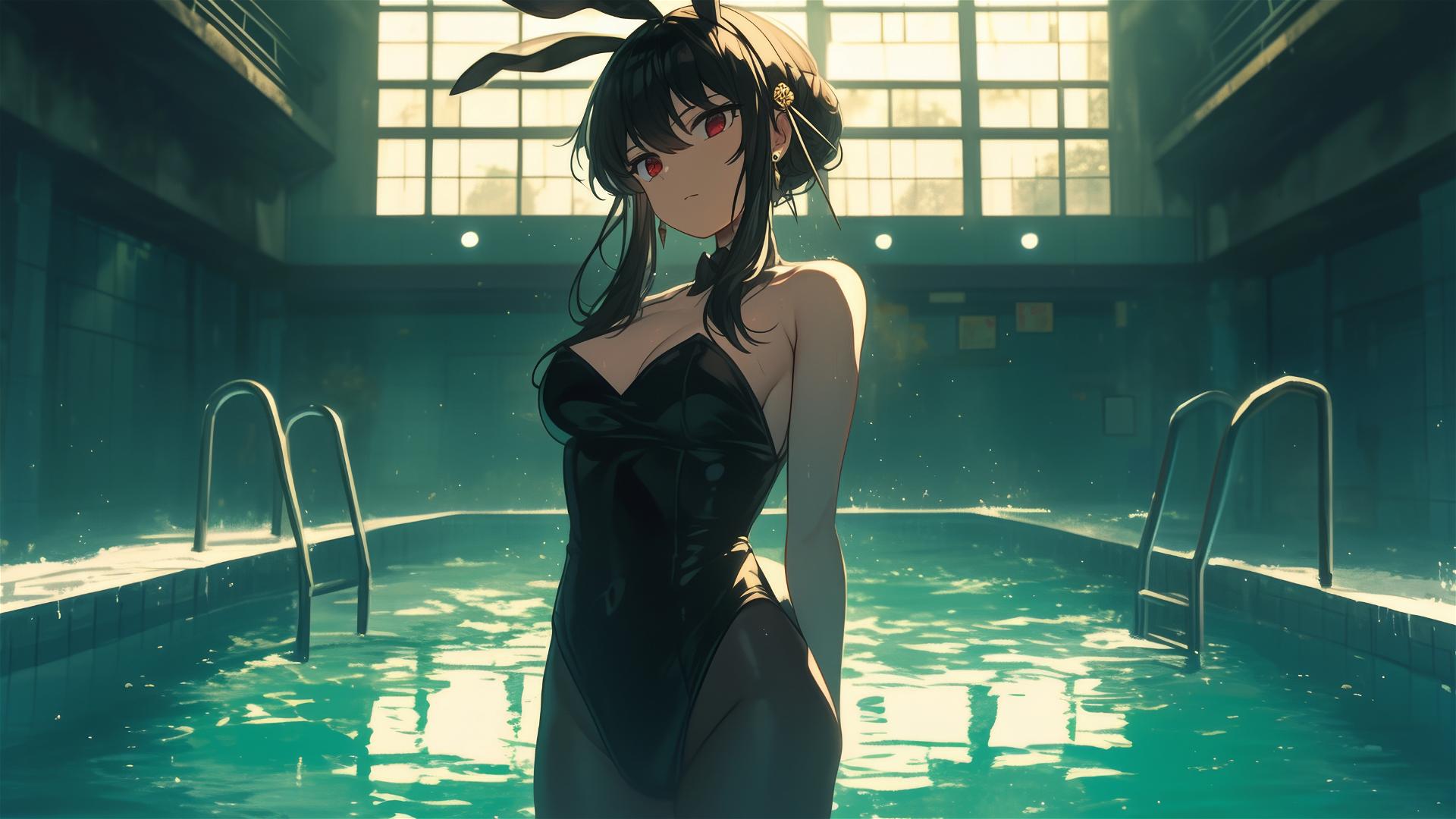 Yor Forger as a bunny girl in a pool under moonlight on a rainy day