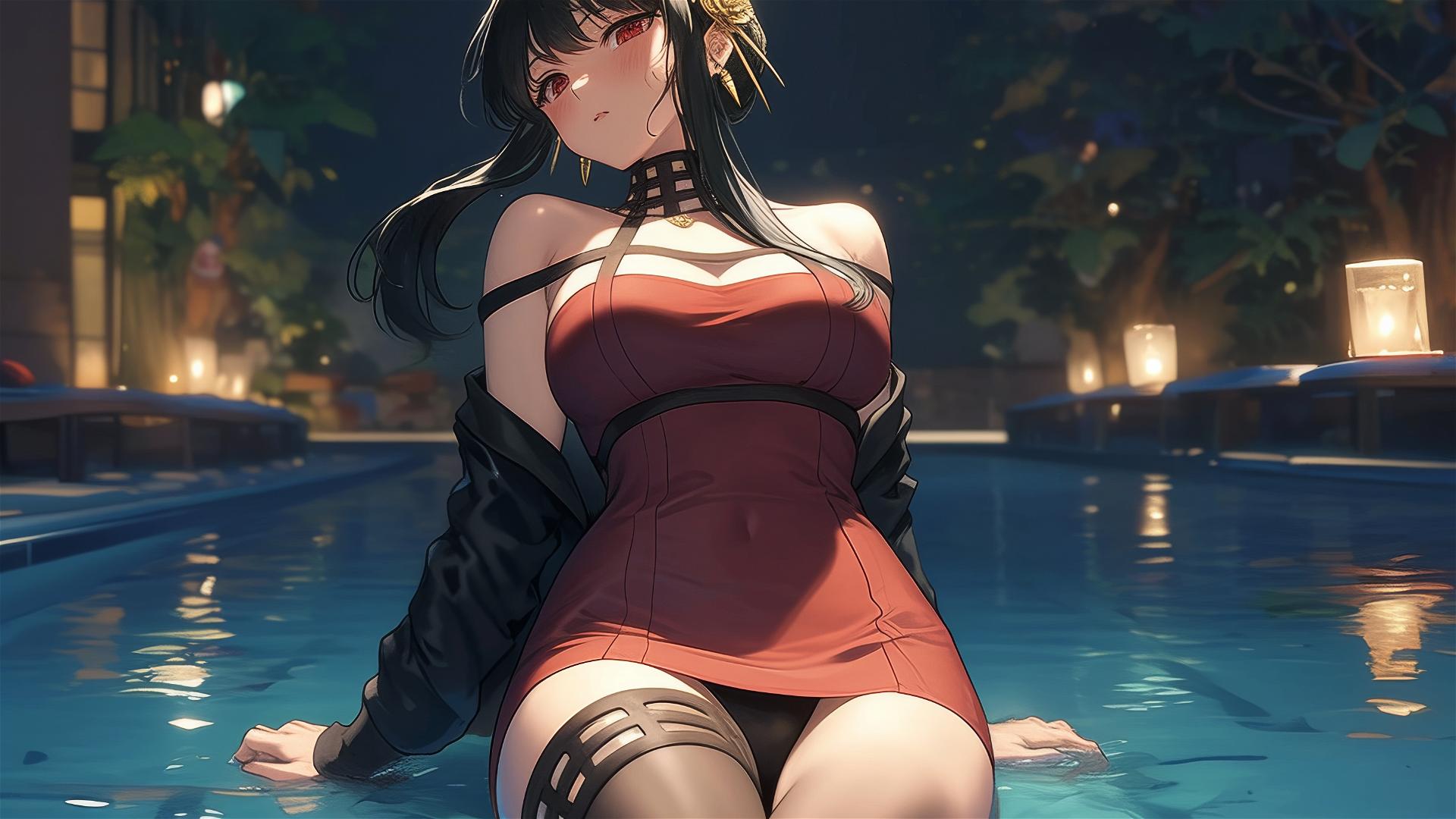 Yor Forger from Spy x Family as a bunny girl swimming in a moonlit pool