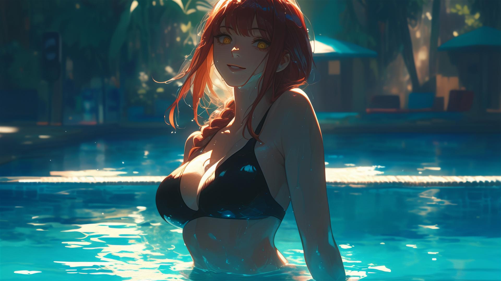 Makima from Chainsaw Man standing in a pool under moonlight with red hair