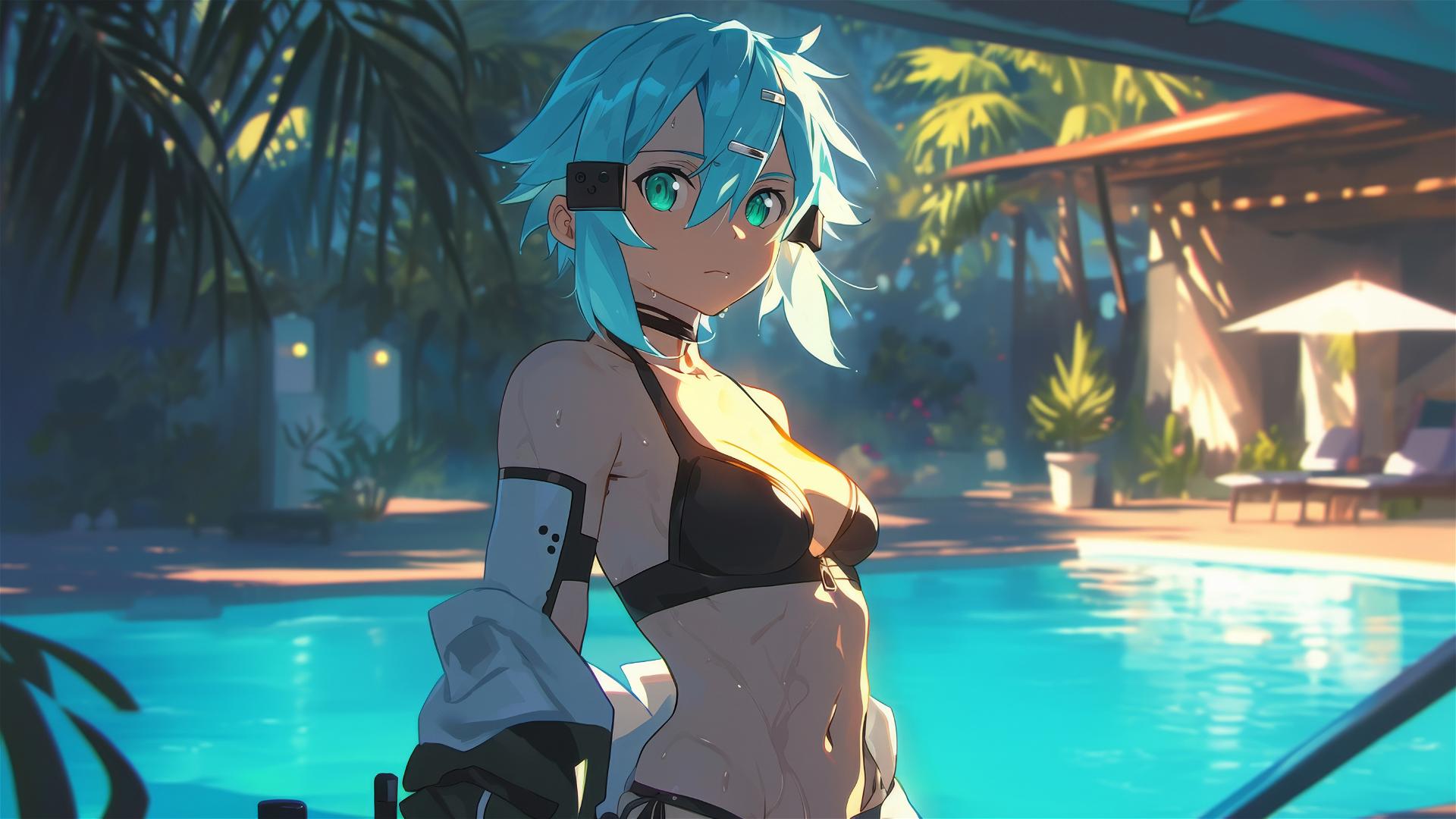 Sinon from SAO standing by the pool under moonlight with green eyes