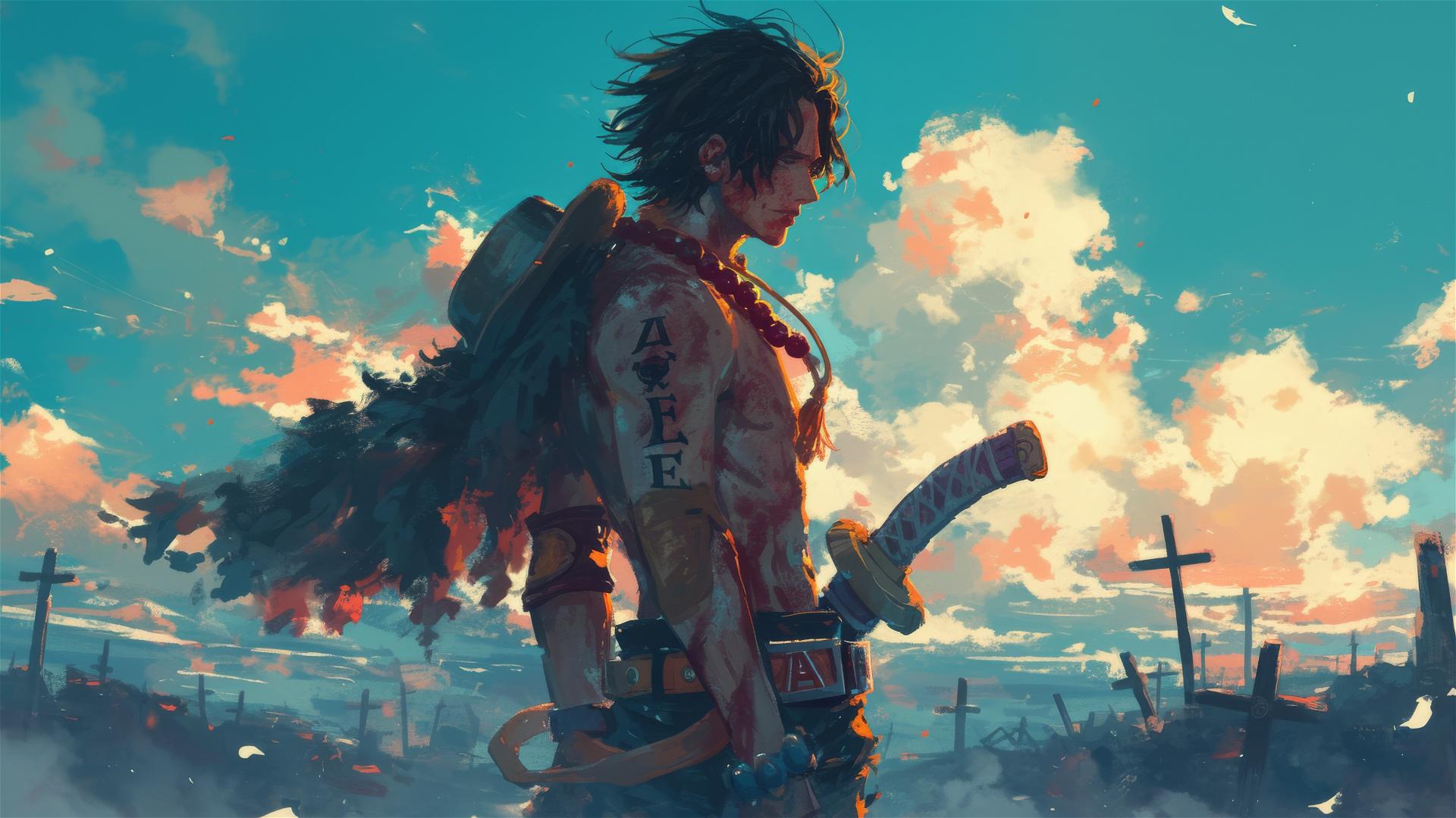 Ace from One Piece standing solemnly in burnt village ruins