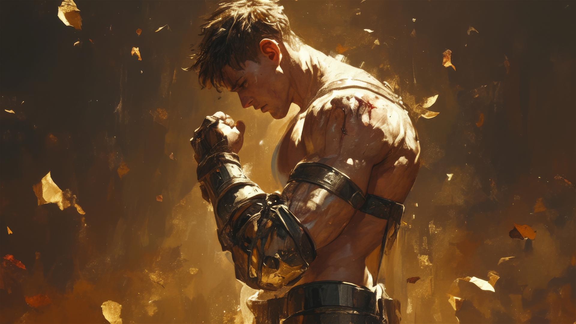 Gladiator warrior in dynamic pose with spotlight on a dark background