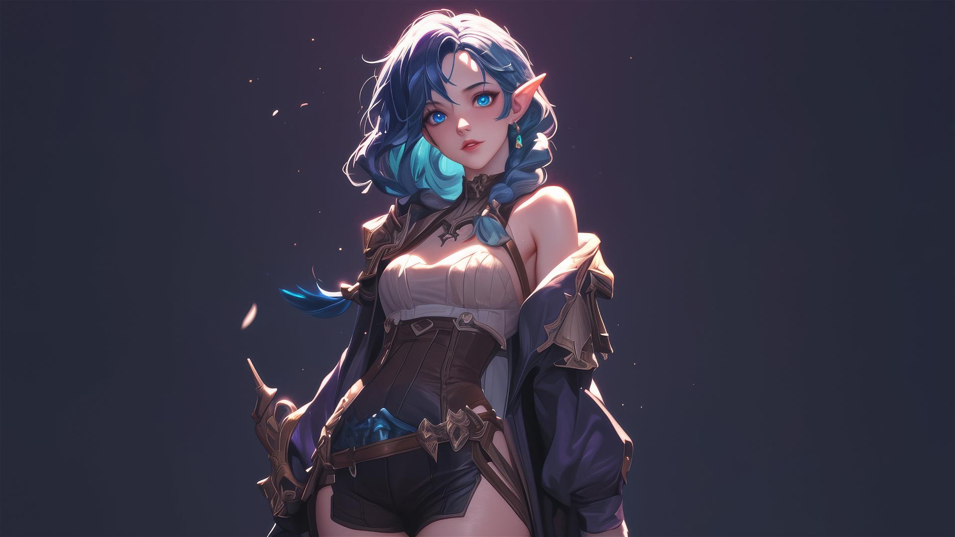 Fantasy Elf girl in dynamic pose with thigh highlight on a dark background