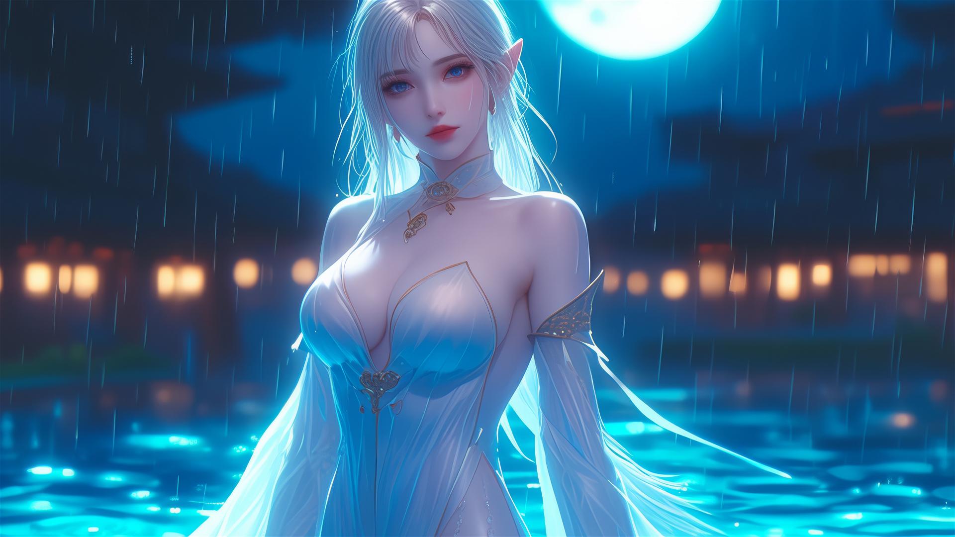 Fantasy Elf girl standing in a pool under moonlight, white dress