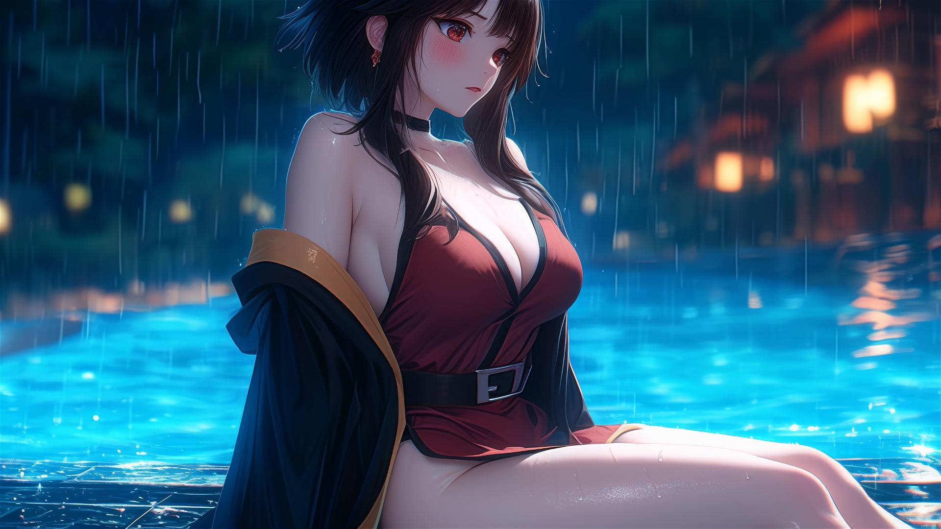 Megumin from KonoSuba resting by poolside under moonlight in rain